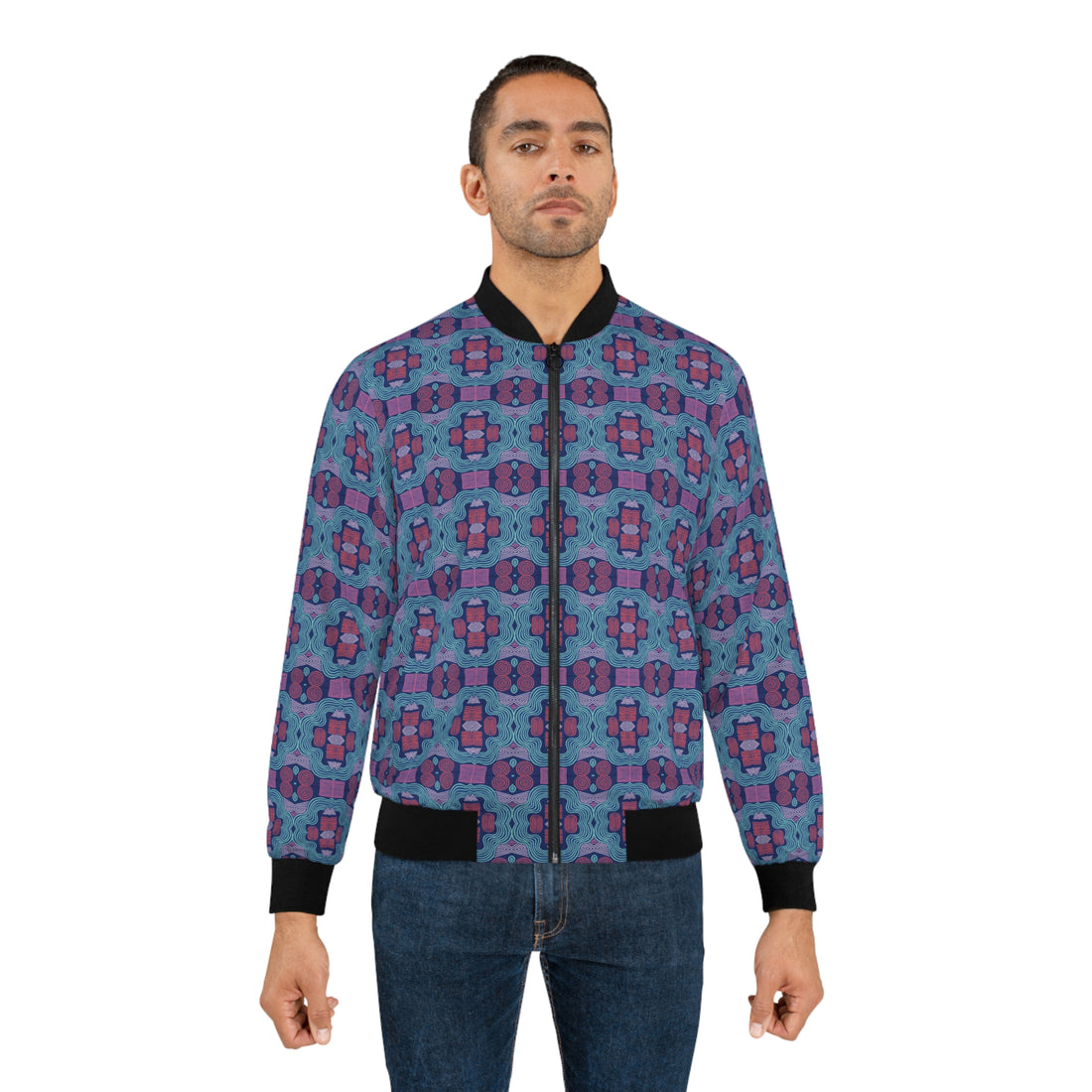 Blue Geometric Print Men's Bomber Jacket