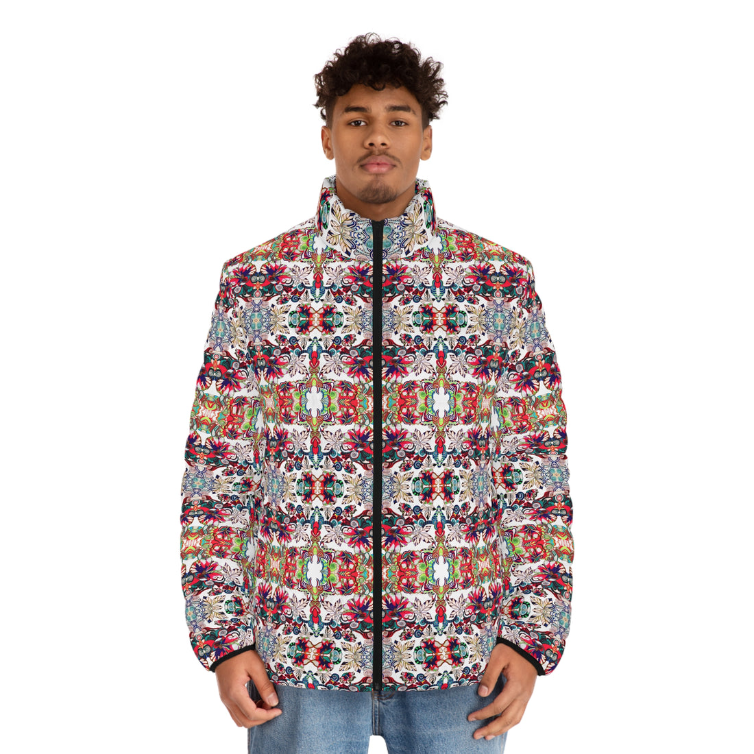 White Artsy Floral Pop Men's Puffer Jacket