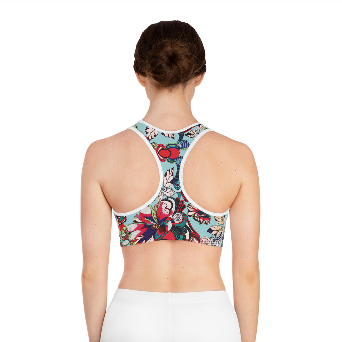 Icy Blue Graphic Floral Pop Racer Back (AOP) Sports Bra