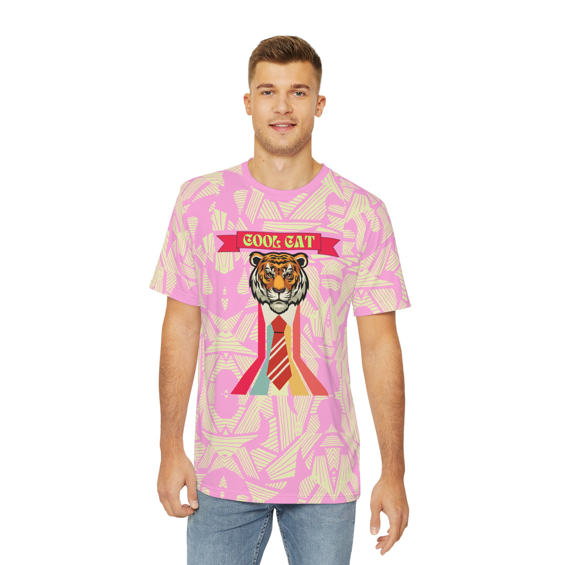 Muted Pink Cool Cat Men's Polyester Tee (AOP)