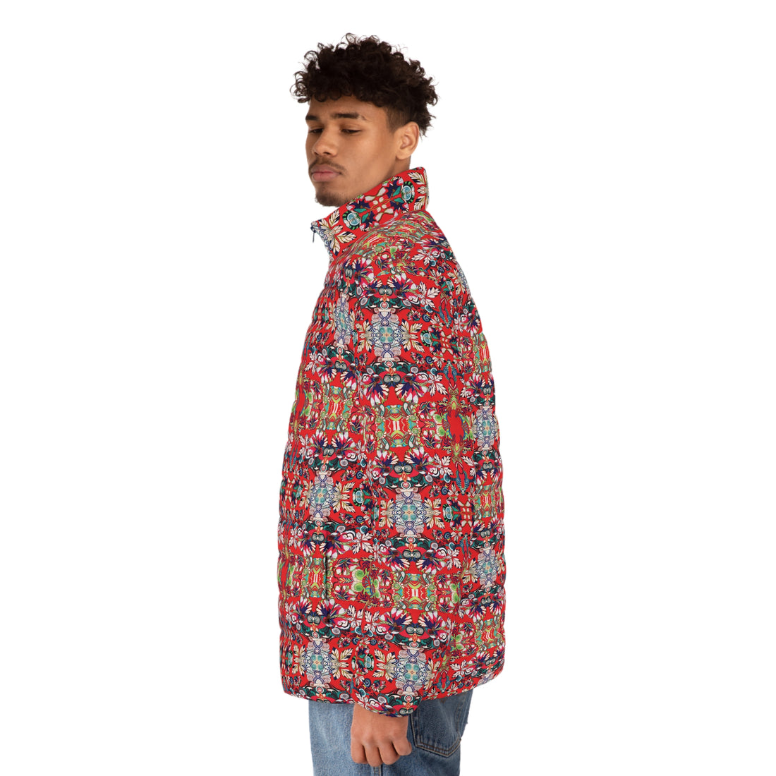 Red Artsy Floral Pop Men's Puffer Jacket