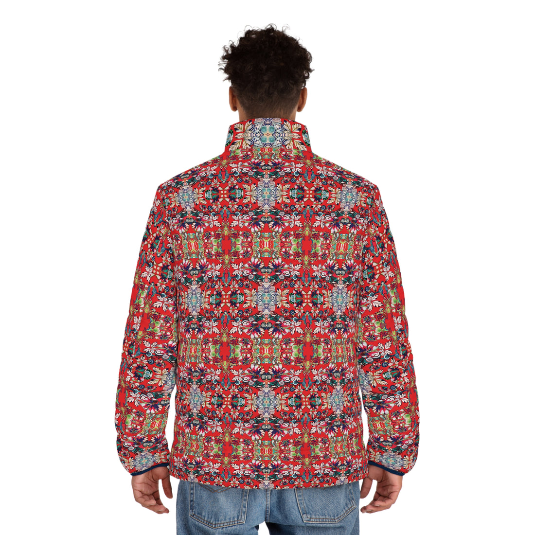 Red Artsy Floral Pop Men's Puffer Jacket