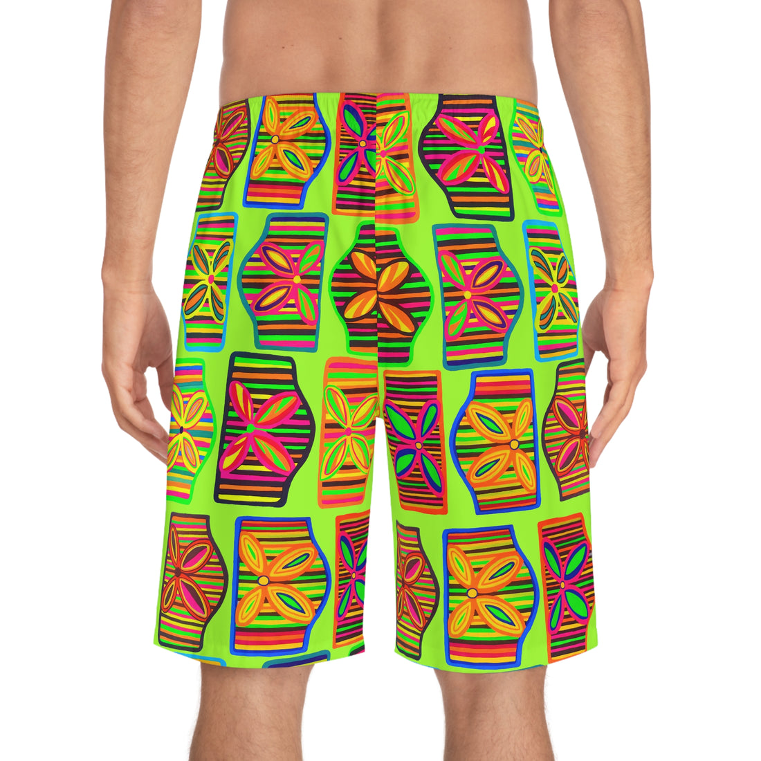 lime green men's art deco print board shorts