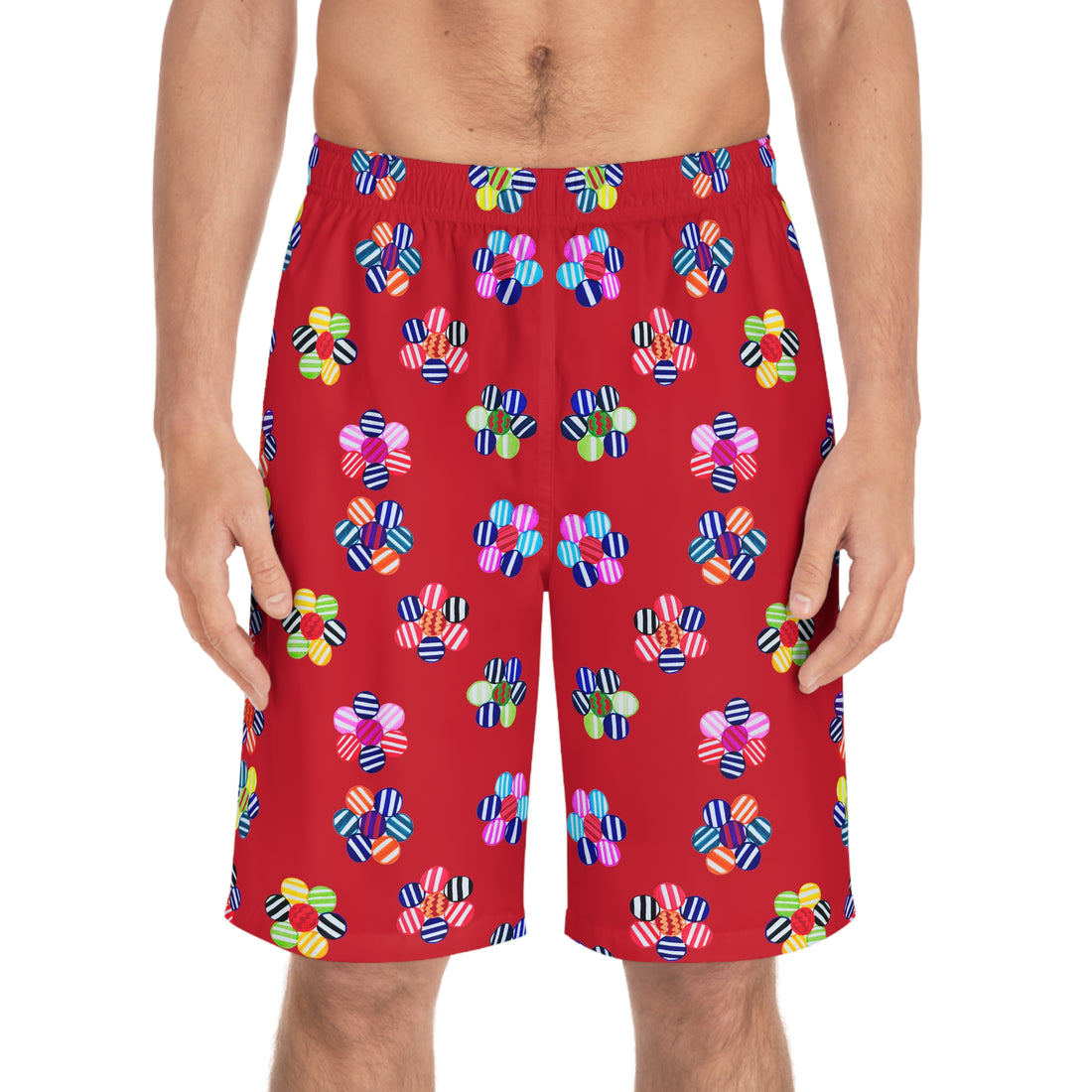 dark red geometric floral board shorts for men with elastic waistband