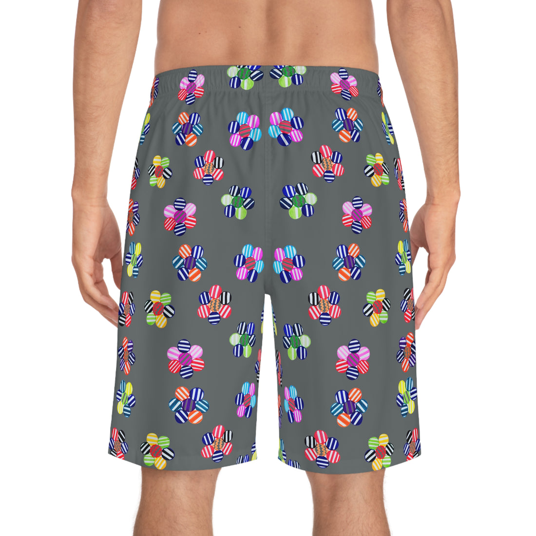 ash grey geometric floral board shorts for men with elastic waistband