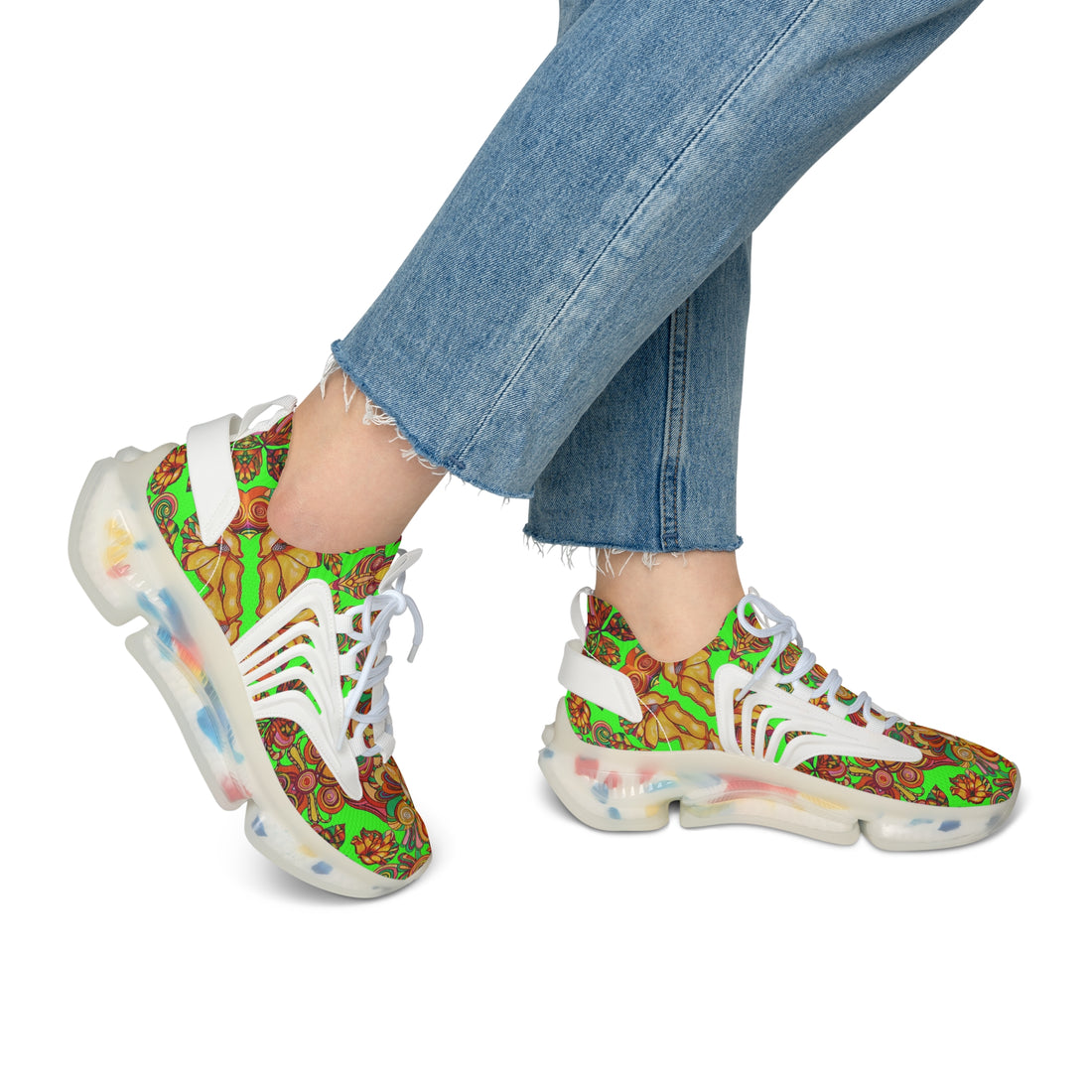 Neon Green Artsy Floral OTT Women's Mesh Knit Sneakers