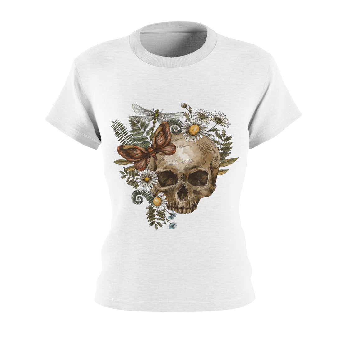 white skeleton, floral & butterfly print women's t-shirt