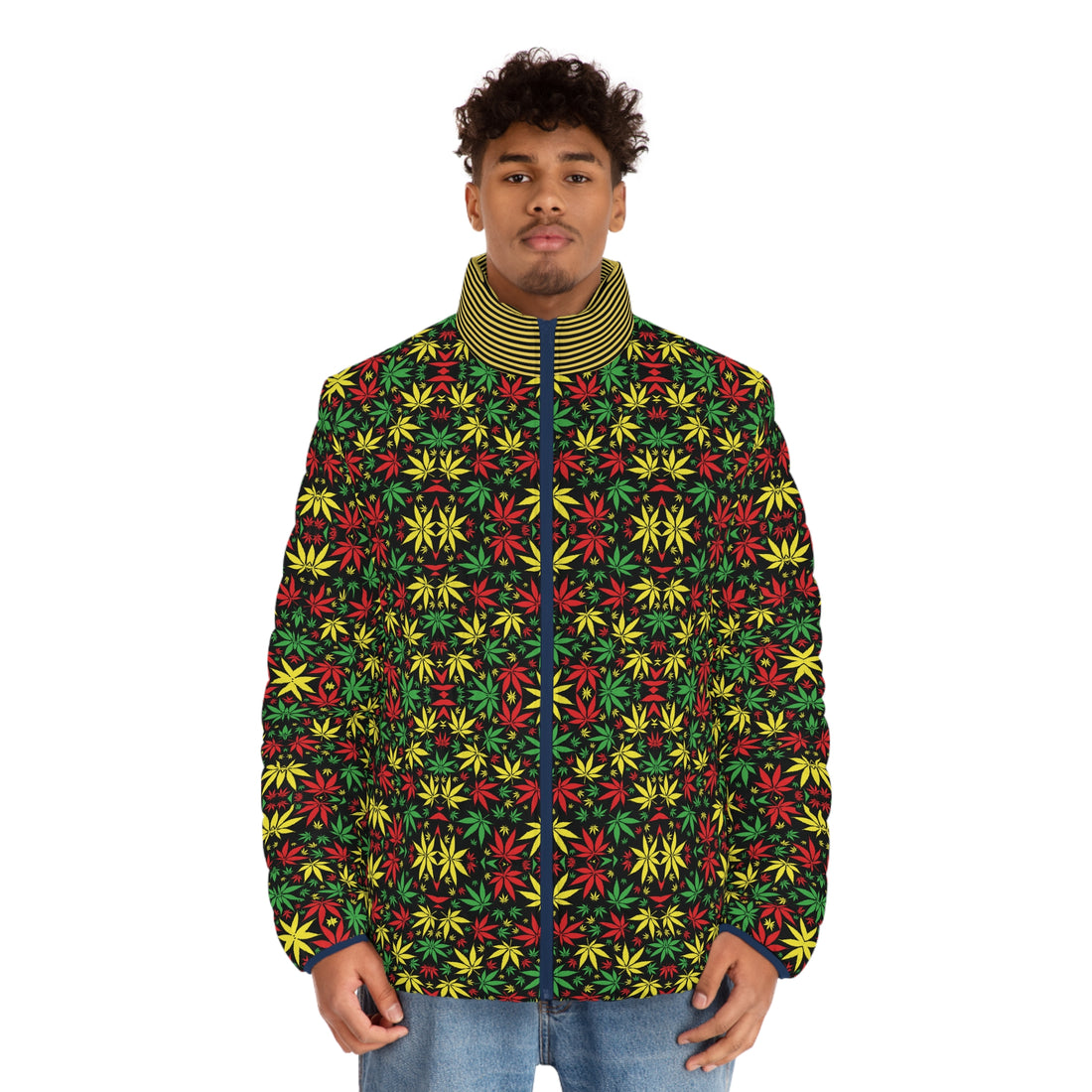 Black Tropical Rasta Toned Men's Puffer Jacket