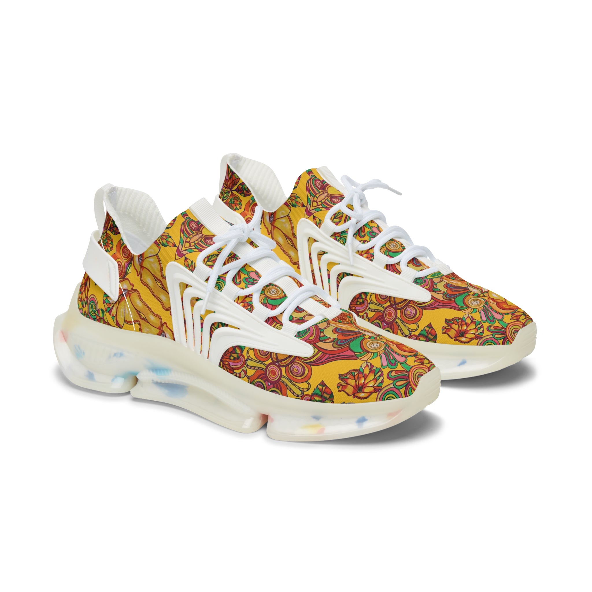 yellow floral print women's mesh knit sneakers