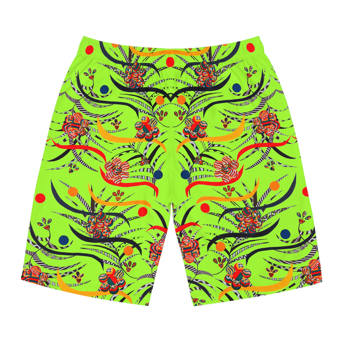 Lime Green Wilderness Print Men's Board Shorts (AOP)