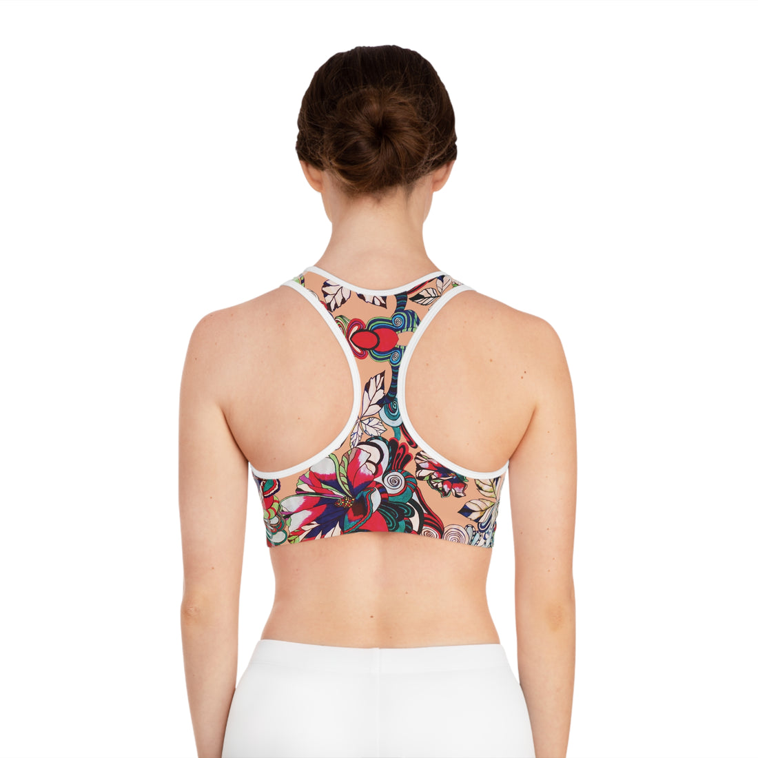 Peach Fuzz Graphic Floral Pop Racer Back (AOP) Sports Bra