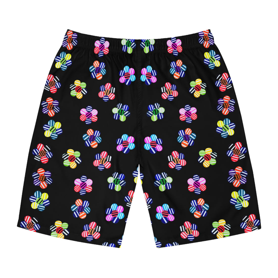 black geometric floral board shorts for men with elastic waistband