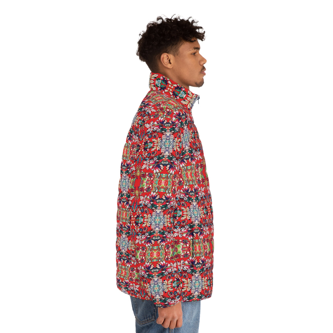 Red Artsy Floral Pop Men's Puffer Jacket