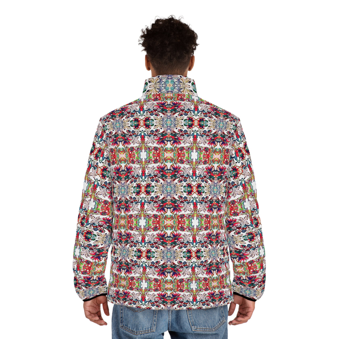 White Artsy Floral Pop Men's Puffer Jacket