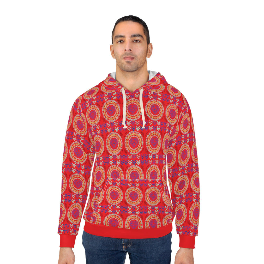 Red Geo Lion Head Pullover Hoodie