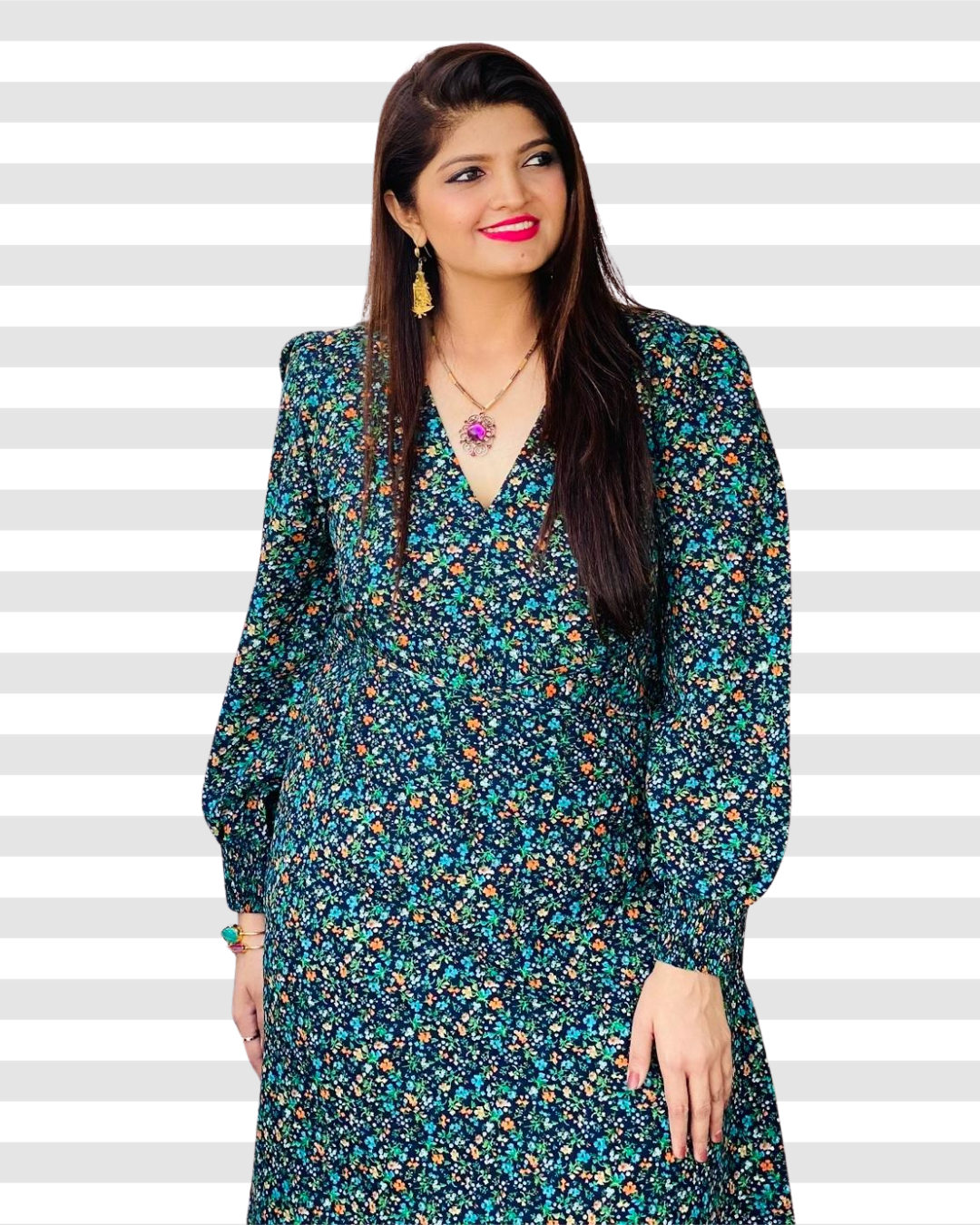 Vintage Charm Emerald Ditsy Floral A-Line Dress with Bishop Sleeves