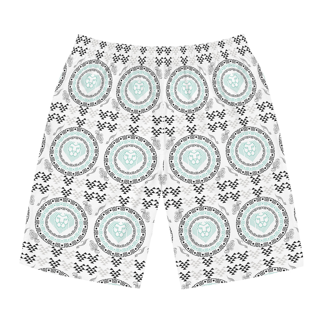 White Geo Lion Head Men's Board Shorts (AOP)