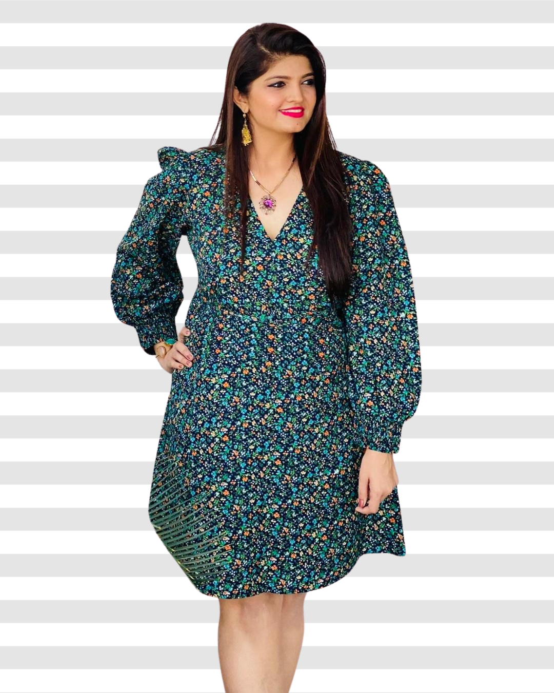 Vintage Charm Emerald Ditsy Floral A-Line Dress with Bishop Sleeves