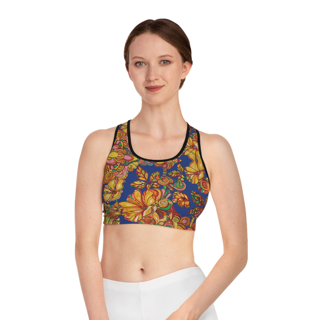 Royal Blue Artsy Floral Racer Back (AOP) Sports Bra