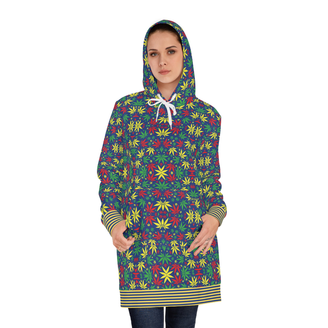 Blue Tropical Rasta Toned Hoodie Dress (AOP)