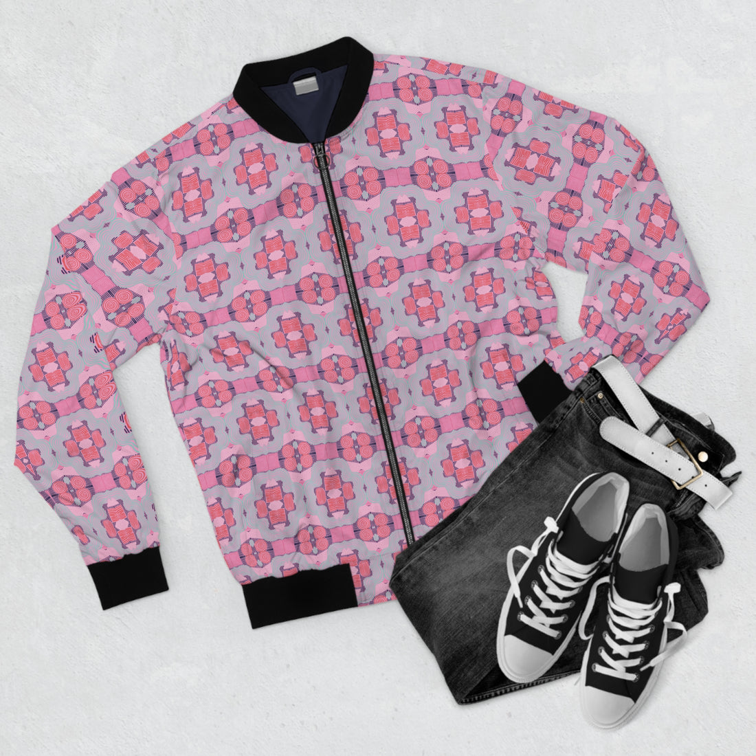 Muted Pink Geometric Print Men's Bomber Jacket