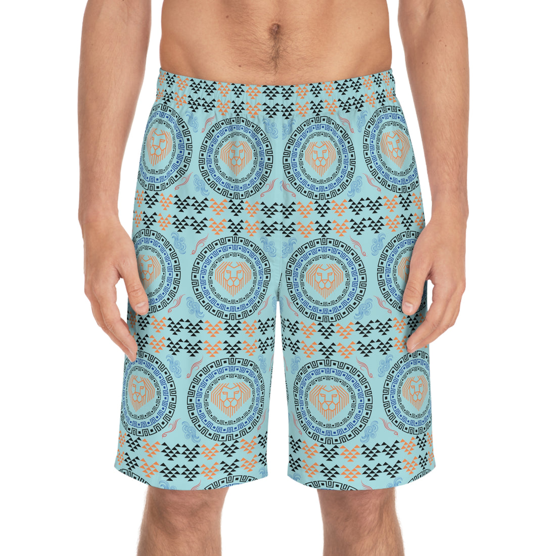 Icy Blue Geo Lion Head Men's Board Shorts (AOP)