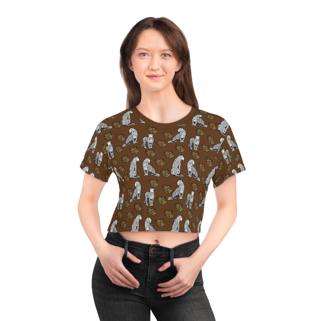 Brown Cheetah Hearts AOP Crop Tee