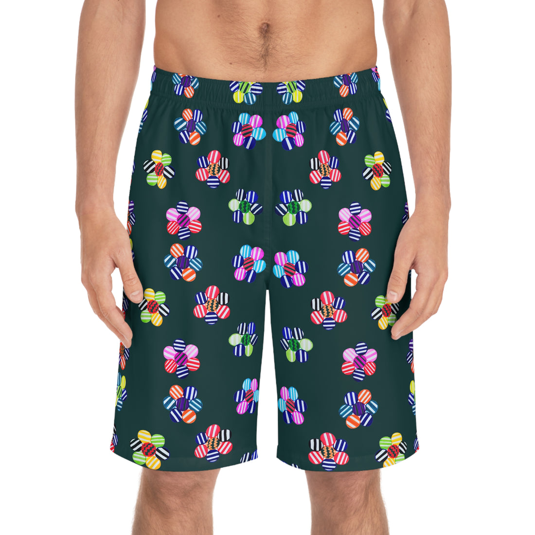 Bottle Green Geo Candy Floral Men's Board Shorts (AOP)