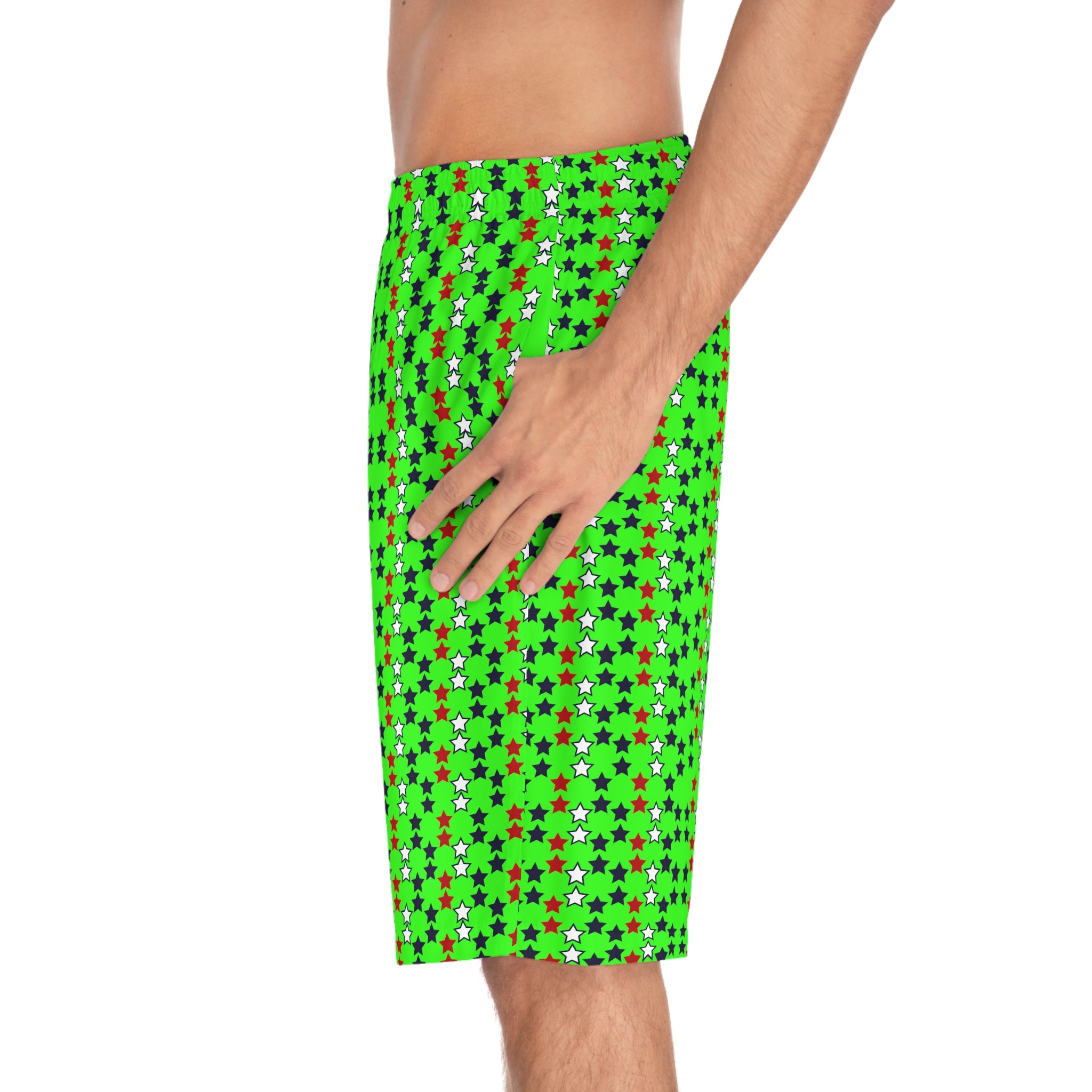 neon green star print board shorts for men