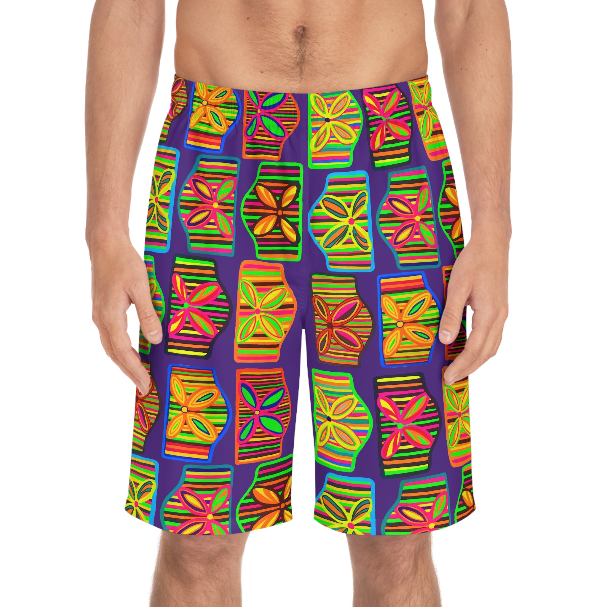 Purple Deco Print Men's Board Shorts (AOP)