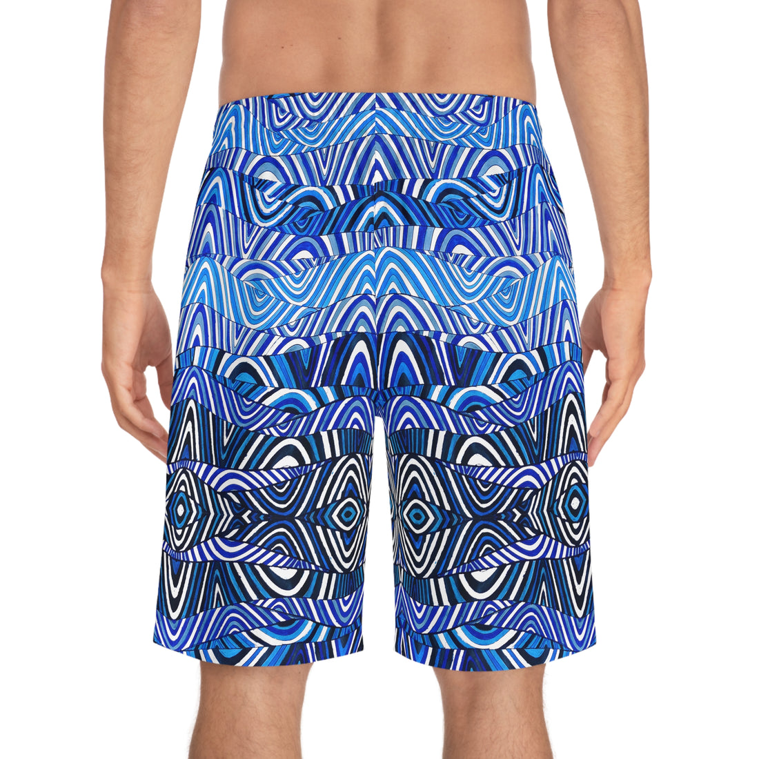 white  sonic waves print board shorts for men