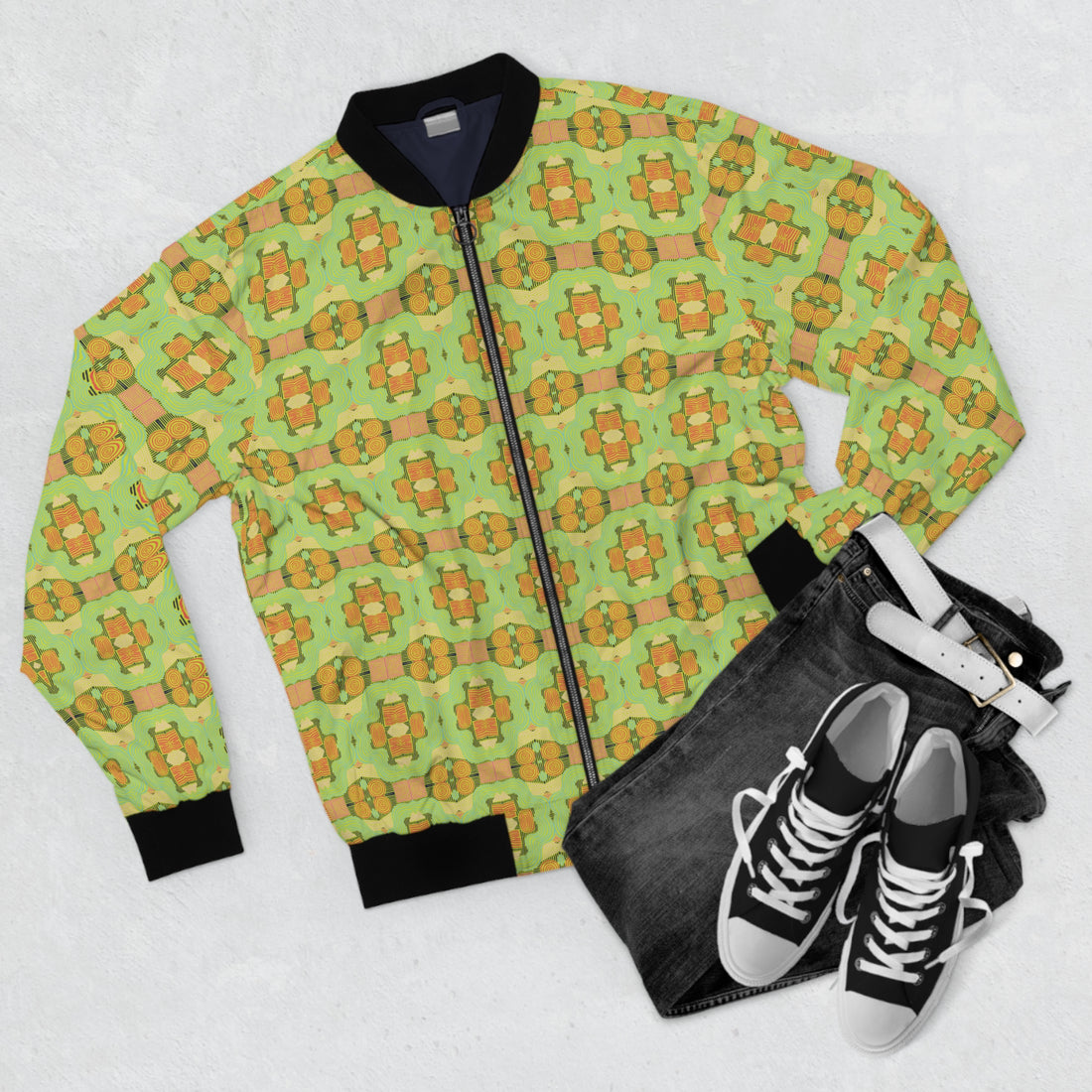 Lime Geometric Print Men's Bomber Jacket