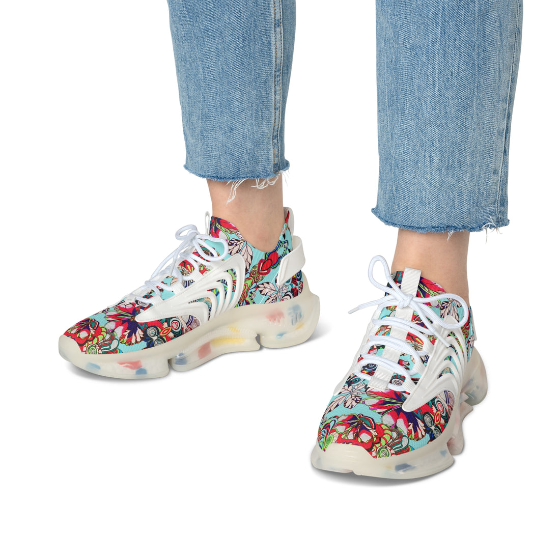 icy blue women's graphic floral print mesh knit sneakers