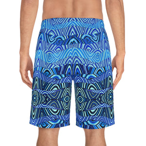 icy blue sonic waves print board shorts for men