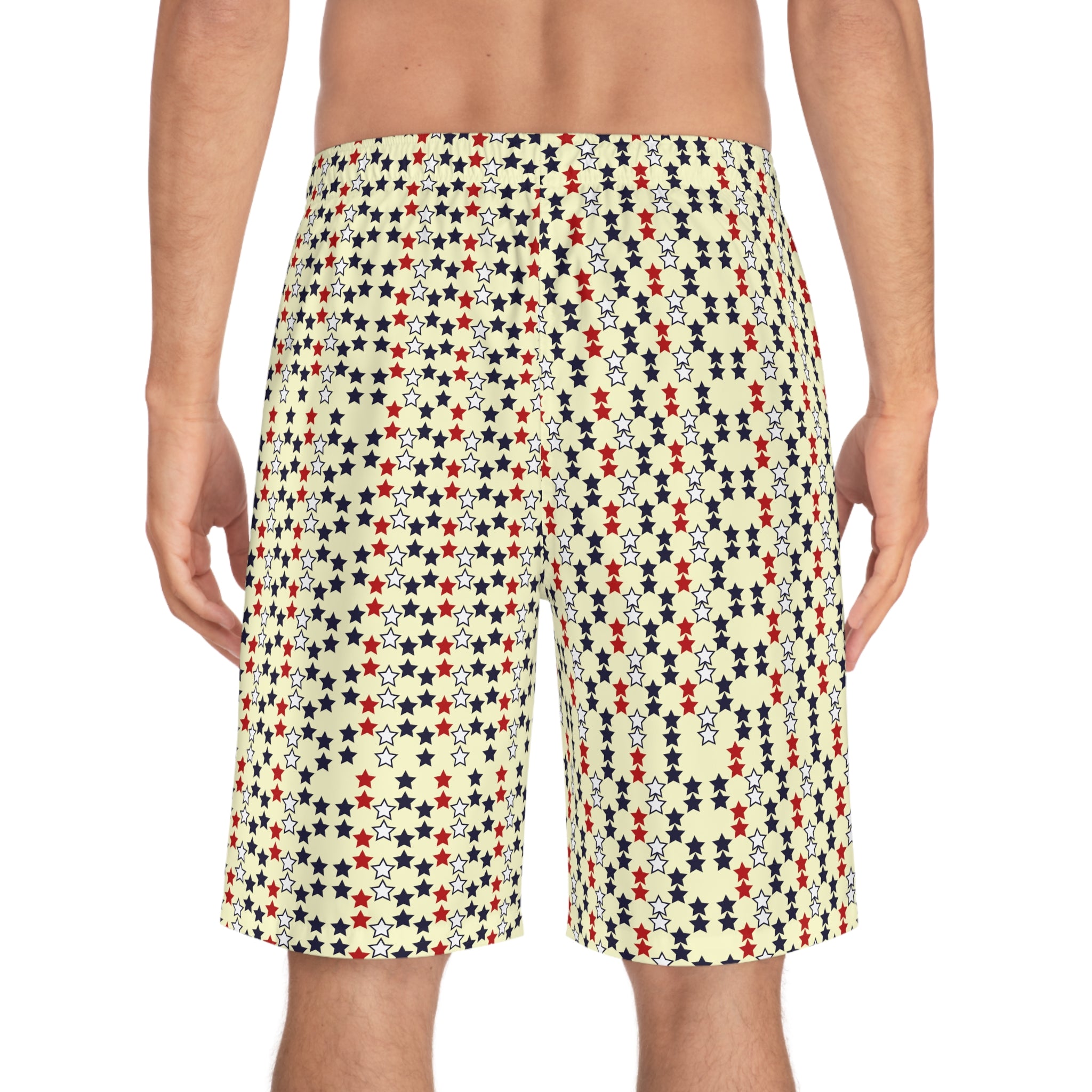 cream star print board shorts for men