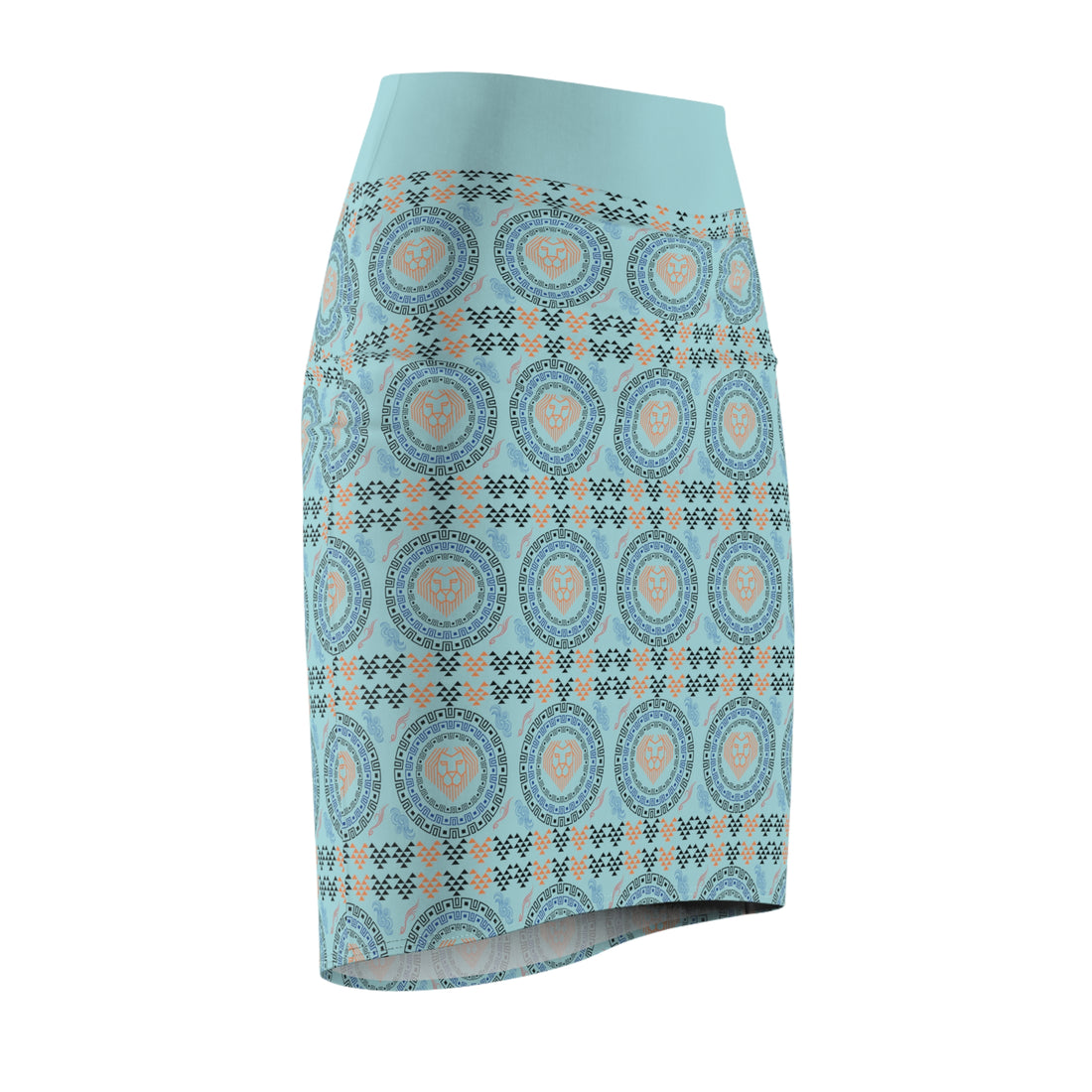 Icy Blue Geo Lion Head Pencil Skirt