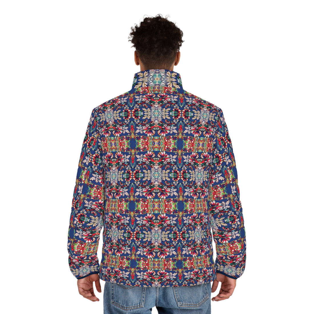 Blue Artsy Floral Pop Men's Puffer Jacket