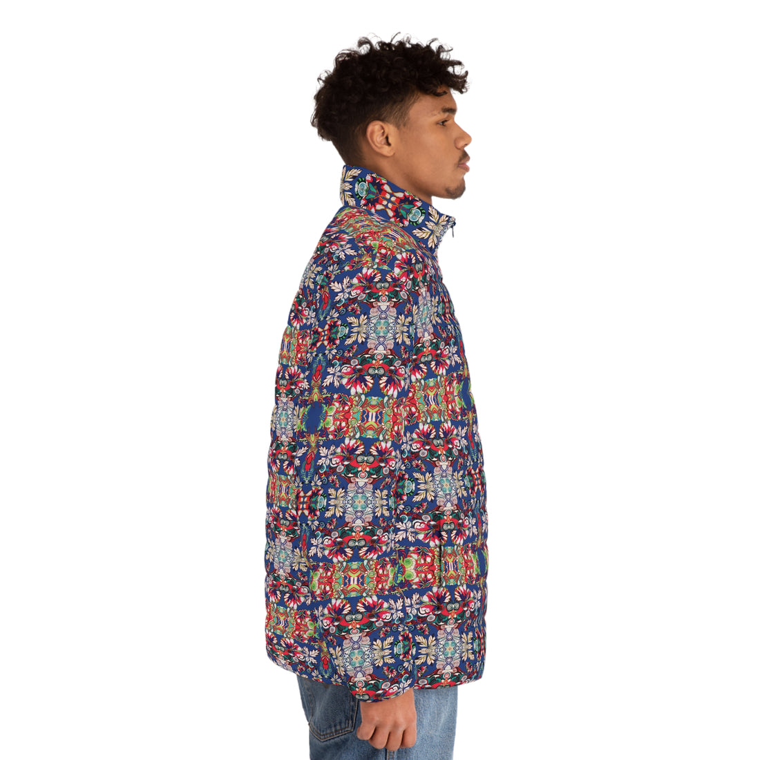 Blue Artsy Floral Pop Men's Puffer Jacket