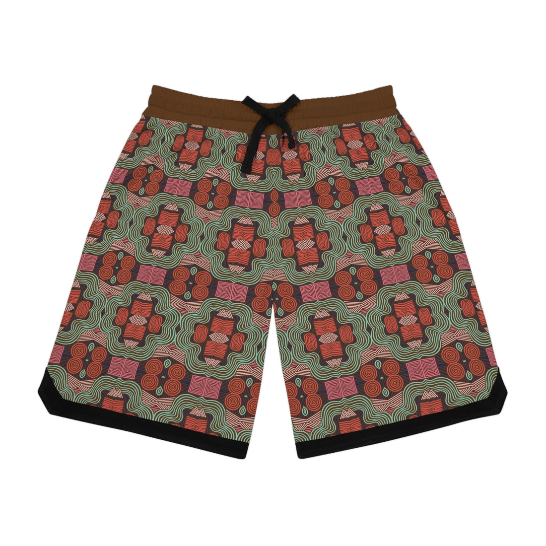 Brown Geometric Print Basketball Rib Shorts (AOP)