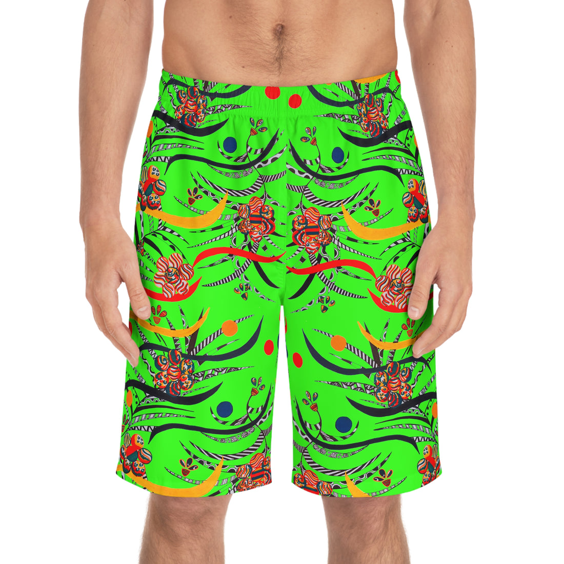 Neon Green Wilderness Print Men's Board Shorts (AOP)