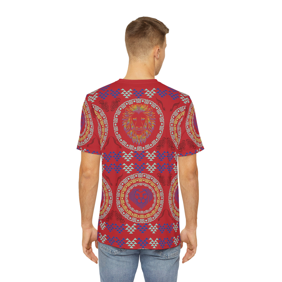 Deep Red Geo Lion Head Polyester Tee (AOP)