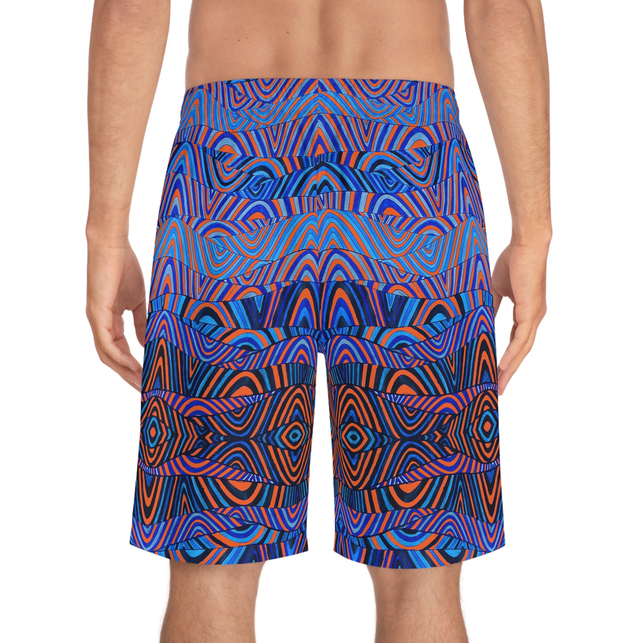 orange  sonic waves print board shorts for men