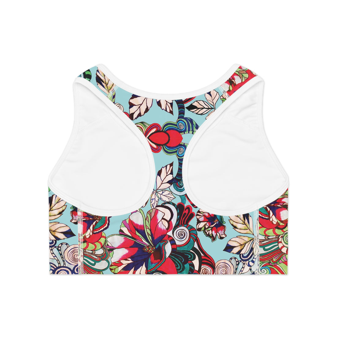 Icy Blue Graphic Floral Pop Racer Back (AOP) Sports Bra