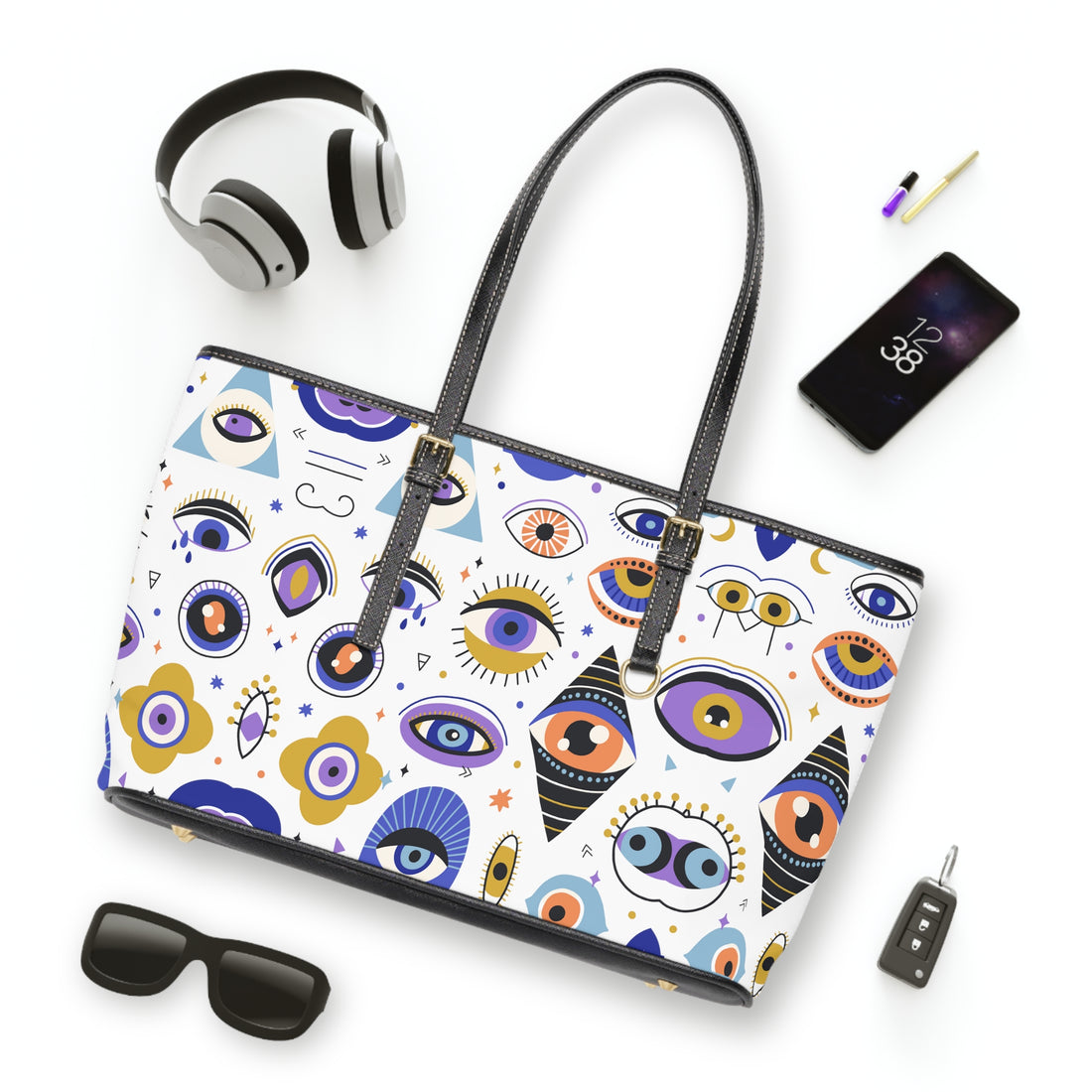 White Abstract Evil Eye PU Leather Shoulder Bag