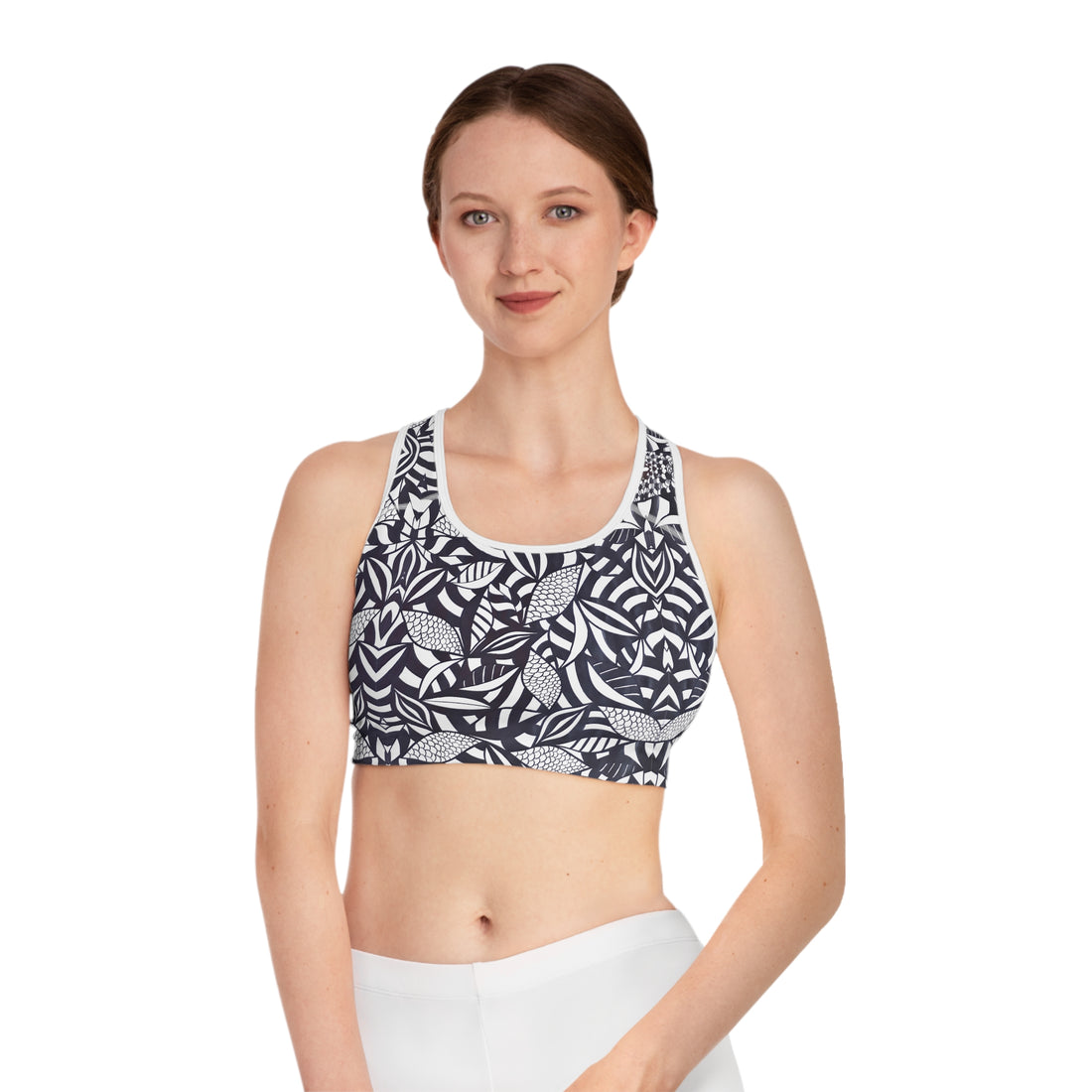 White Tropical Minimalist Racerback (AOP) Sports Bra