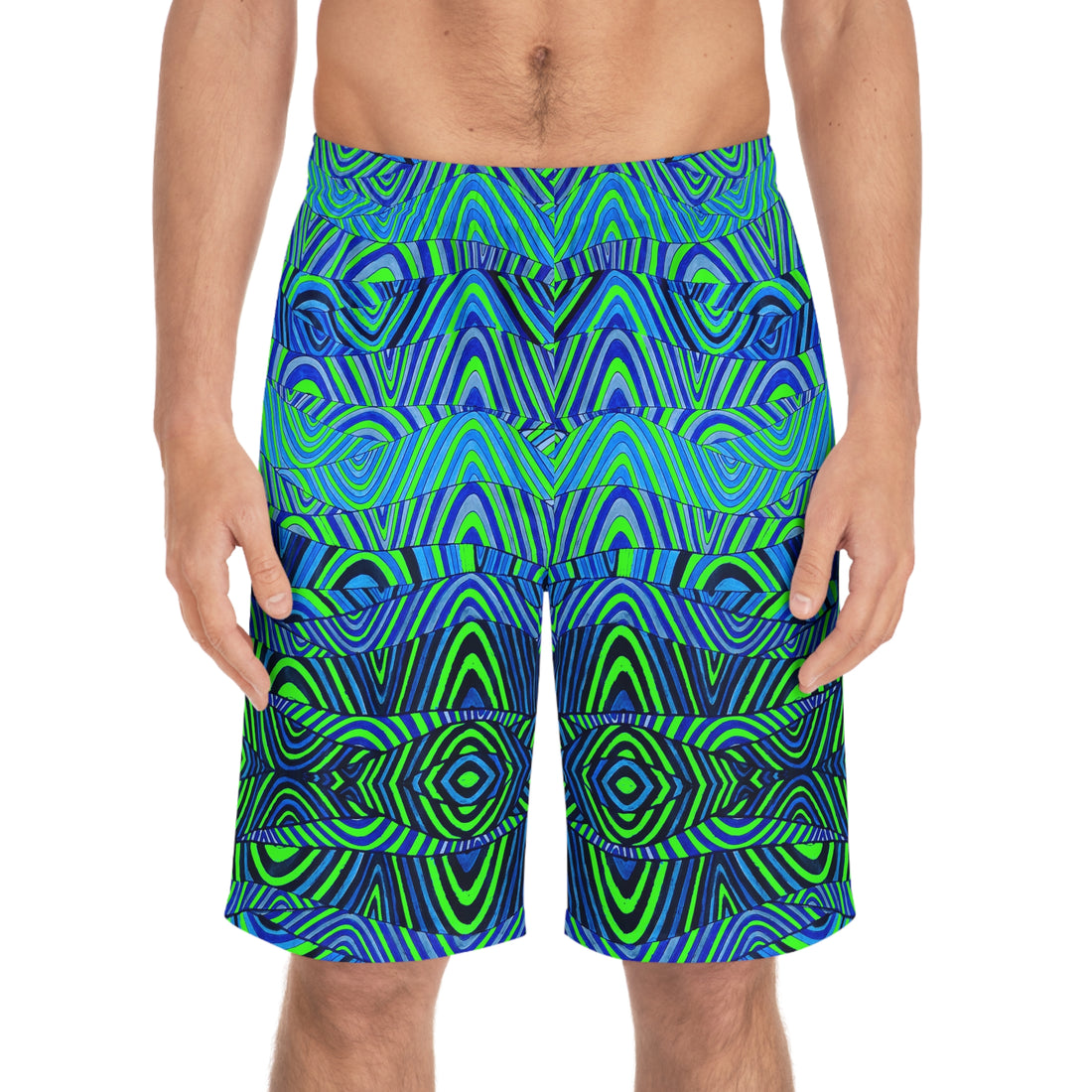 neon green  sonic waves print board shorts for men