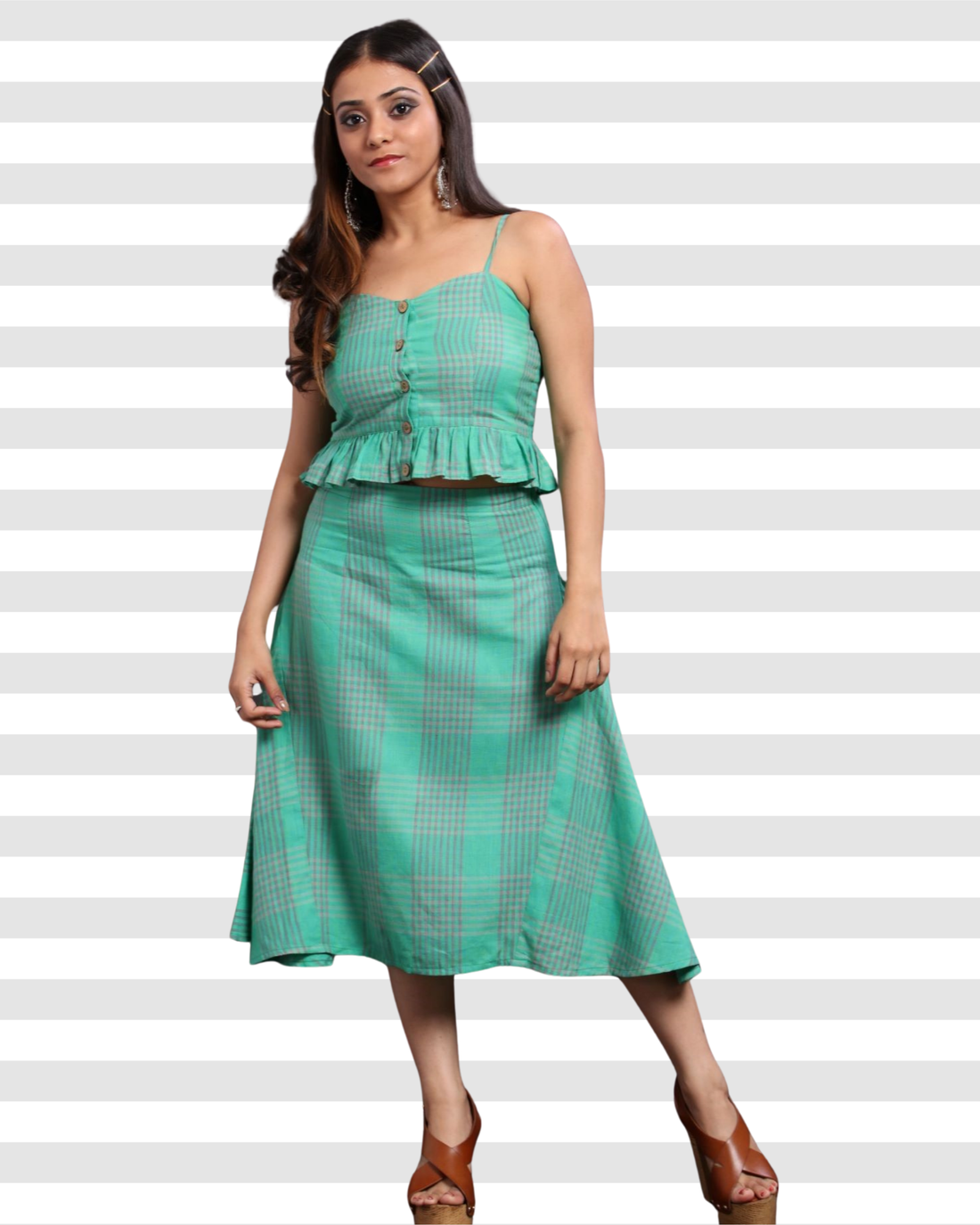 Earthy Green Cotton Check Co-ord Set with Godet Skirt