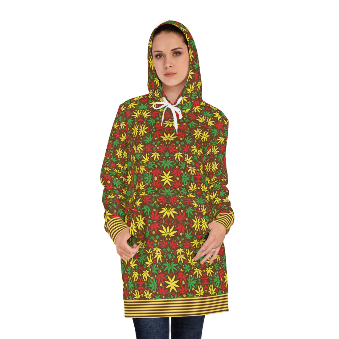 Brown Tropical Rasta Toned Hoodie Dress (AOP)