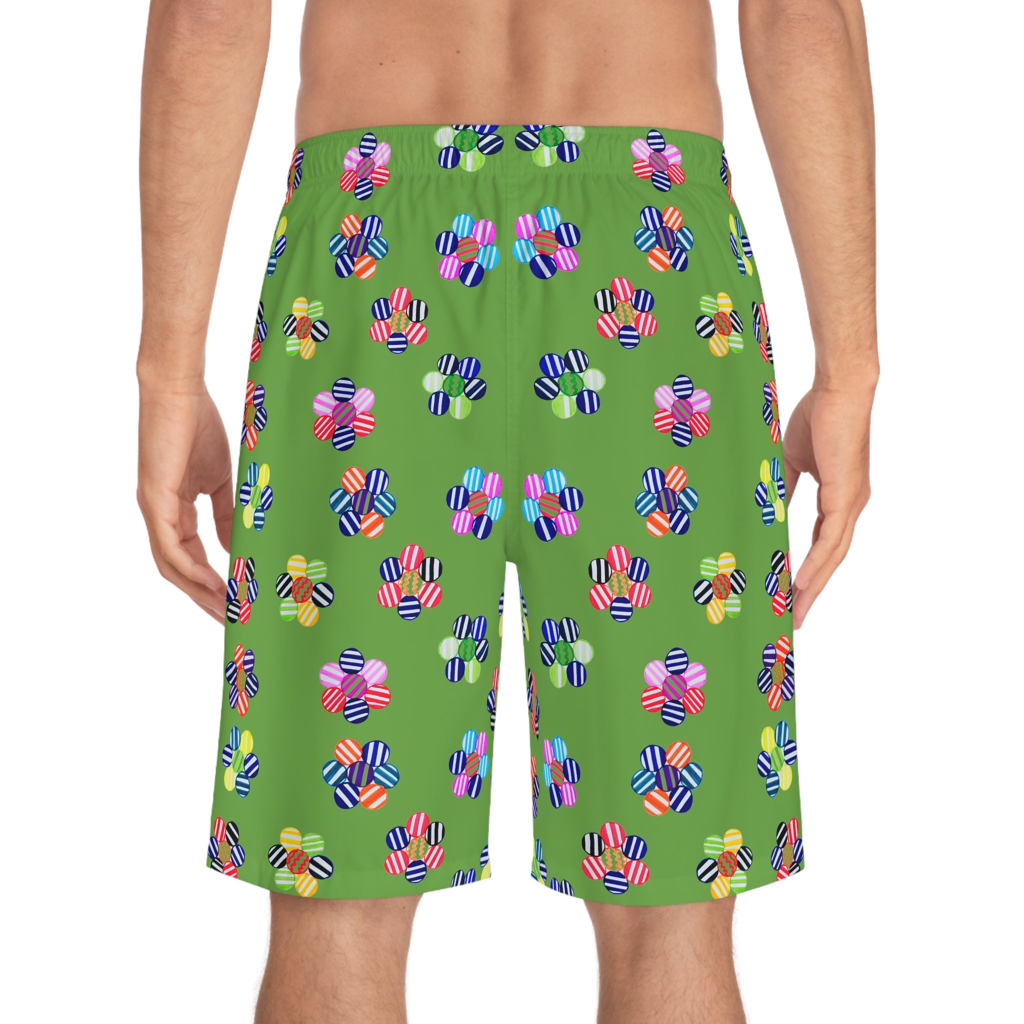 Olive Geo Candy Floral Men's Board Shorts (AOP)