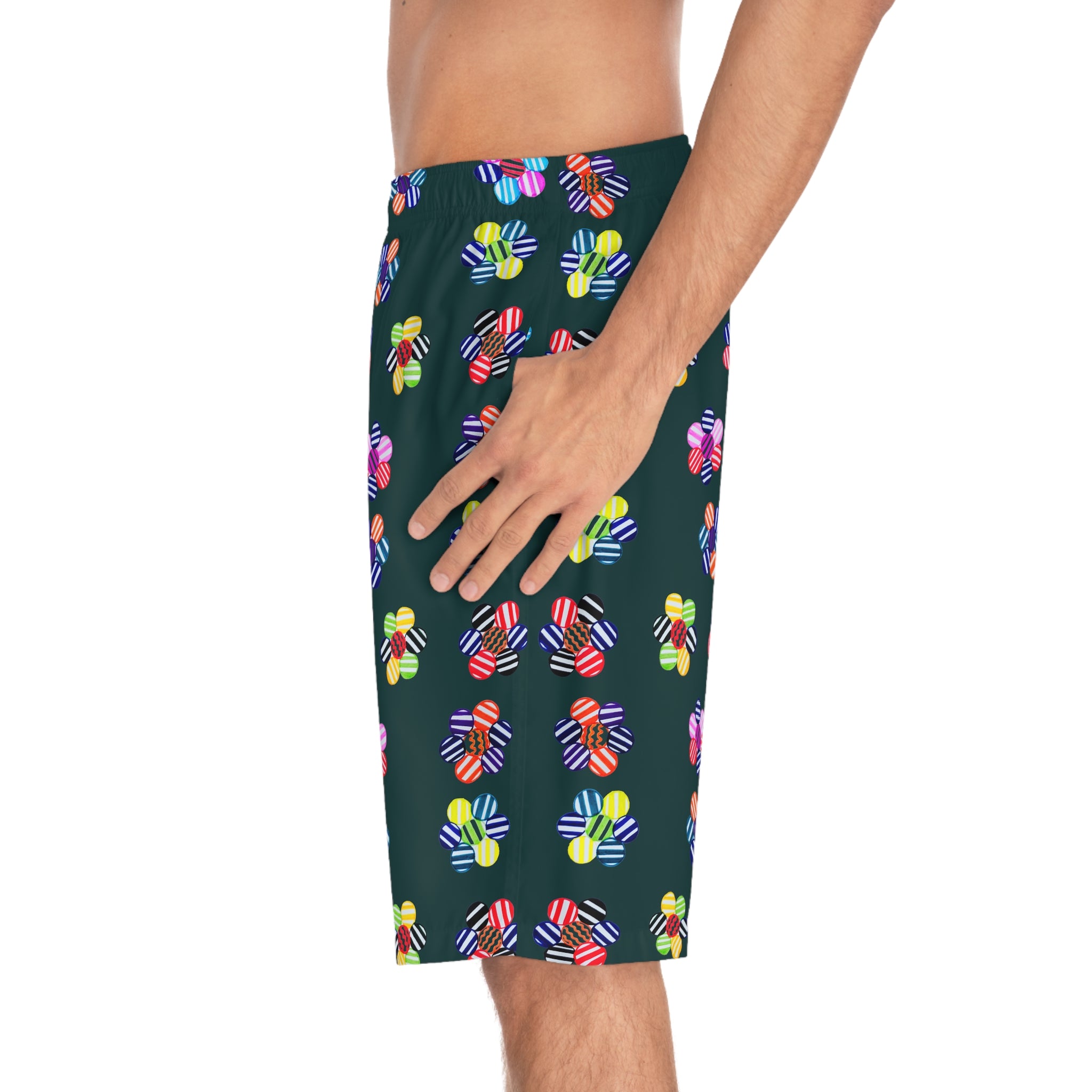 Bottle Green Geo Candy Floral Men's Board Shorts (AOP)